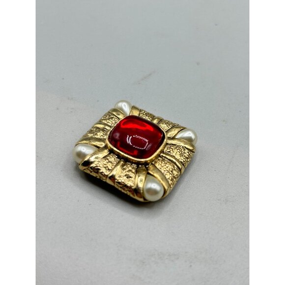 Vintage Red & Gold Brooch Square Design with Pearl Drops Corners Costume Jewelry - Picture 6 of 11
